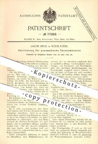 original Patent - Jakob Held in Köln - Riehl , 1893 , pneumatische Tennenmälzerei , Malz , Bier , Brauerei , Brauen !!!