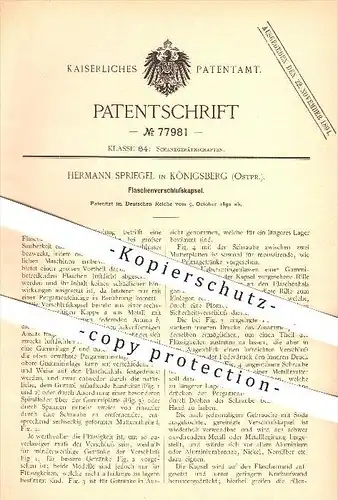 original Patent - Hermann Spriegel , Königsberg , Ostpreußen , 1892 , Flaschenverschluss , Flasche , Flaschen , Getränke