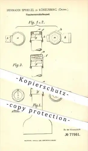 original Patent - Hermann Spriegel , Königsberg , Ostpreußen , 1892 , Flaschenverschluss , Flasche , Flaschen , Getränke