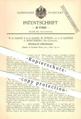 original Patent - W. Harris , B. Harris , W. Fowler , L. Cannon , Spartanburg , Süd-Carolina , 1894 , Bremse , Eisenbahn
