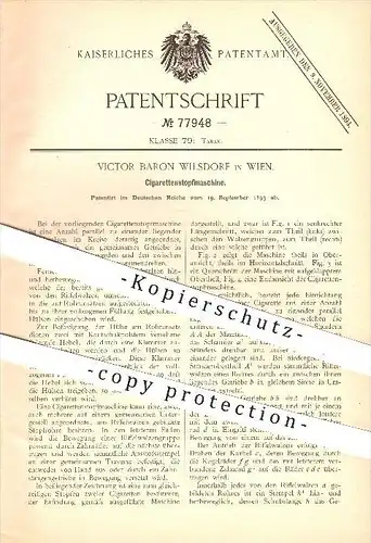 original Patent - Victor Baron Wilsdorf , Wien , 1893, Zigarettenstopfmaschine , Zigaretten , Zigarren , Tabak , Rauchen