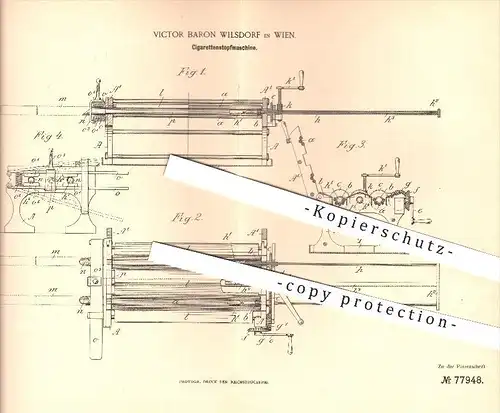 original Patent - Victor Baron Wilsdorf , Wien , 1893, Zigarettenstopfmaschine , Zigaretten , Zigarren , Tabak , Rauchen