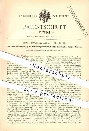 original Patent - Ernst Backhusen in Düsseldorf , 1893 , Herstellung von Drahtgeflecht , Draht , Geflecht , Flechten !!!