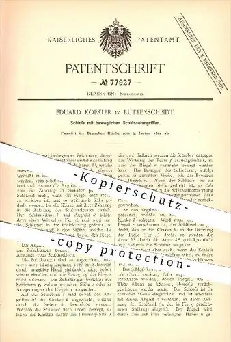 original Patent - Eduard Koester in Rüttenscheidt b. Essen , 1894 , Schloss mit beweglichen Schlüsselangriffen !!!