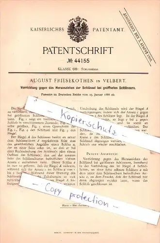 Original Patent - August Friesekothen in Velbert , 1888 , Schlosserei !!!