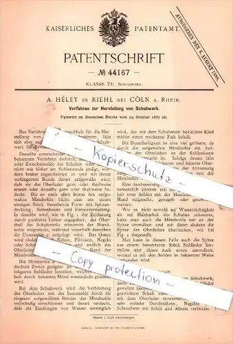 Original Patent - A. Hèley in Riehl bei Cöln a. Rhein , 1887 , Herstellung von Schuhwerk !!!