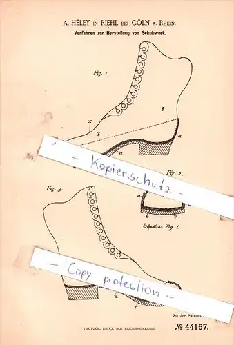 Original Patent - A. Hèley in Riehl bei Cöln a. Rhein , 1887 , Herstellung von Schuhwerk !!!