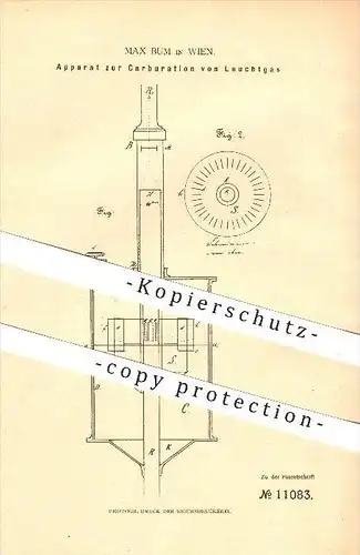 original Patent - Max Bum in Wien , 1880 , Karburation von Leuchtgas , Gas , Gasbereitung , Beleuchtung !!!