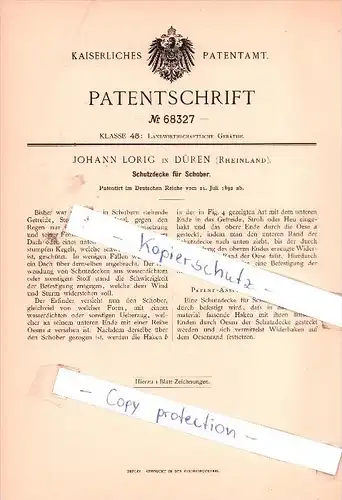 Original Patent - Johann Lorig in Düren , Rheinland , 1892 , Schutzdecke für Schober !!!