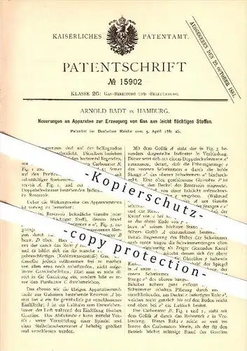 original Patent - Arnold Badt in Hamburg , 1881 , Erzeugung von Gas , Gasolin , Karbonator , Chemie !!!