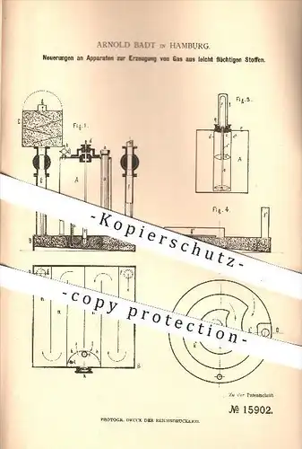 original Patent - Arnold Badt in Hamburg , 1881 , Erzeugung von Gas , Gasolin , Karbonator , Chemie !!!