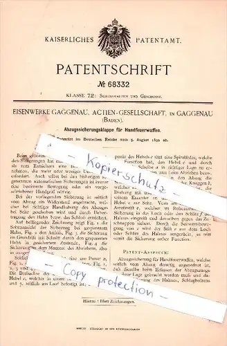 Original Patent - Eisenwerke Gaggenau, Actien-Gesellschaft, in Gaggenau , Baden , 1892 , !!!