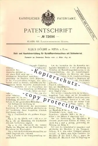 original Patent - J. Höhme , Riesa , Elbe , 1893 , Kartoffelerntemaschine, Kartoffelernte , Kartoffel , Landwirtschaft !