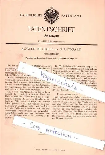 Original Patent - Angelo Beyerlen in Stuttgart , 1892 , Rechenschieber !!!