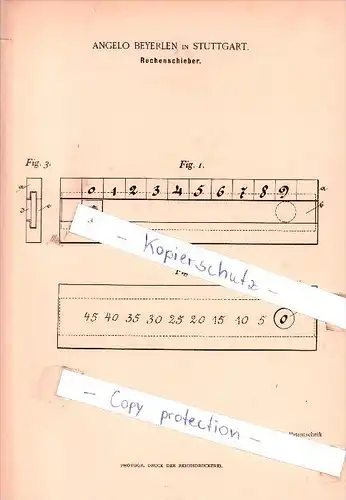 Original Patent - Angelo Beyerlen in Stuttgart , 1892 , Rechenschieber !!!