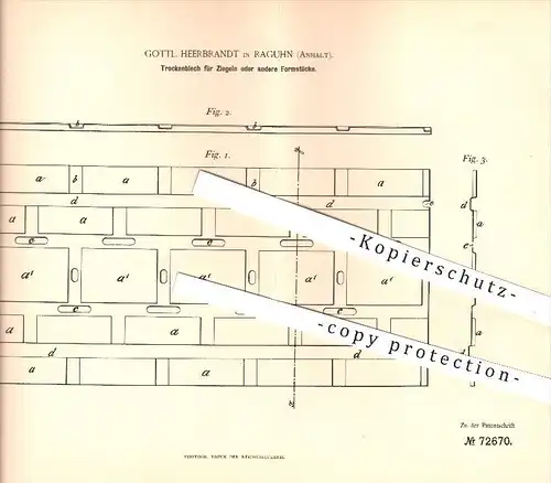original Patent - Gottl. Herrbrandt in Raguhn , 1893 , Trockenblech für Ziegel , Ton , Stein , Ziegelei , Dachziegel !!!