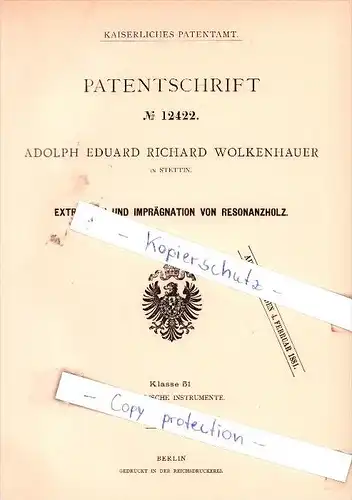 Original Patent - A. E. R. Wolkenhauer in Stettin , 1880 , Extration und Imprägnation von Resonanzholz !!!