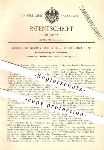 original Patent - Württ. Uhrenfabrik Rich. Bürk , Schwenningen ,1893, Markiereinrichtung für Kontrolluhren , Uhr , Uhren