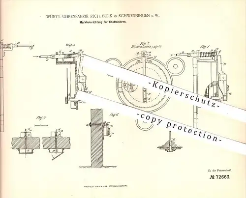 original Patent - Württ. Uhrenfabrik Rich. Bürk , Schwenningen ,1893, Markiereinrichtung für Kontrolluhren , Uhr , Uhren