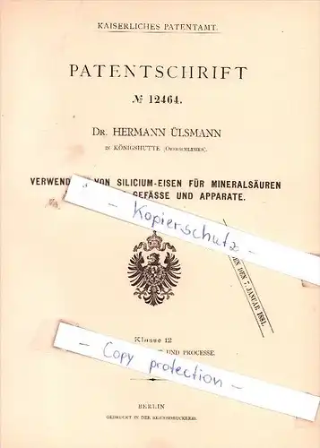 Original Patent - Dr. H. Ülsmann in Königshütte , Oberschlesien , 1880 , Silicium-Eisen  !!!