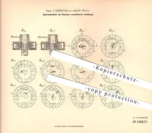 original Patent - J. Ostertag in Aalen , 1901 , Sicherheitsschloss , Schloss , Türschloss , Schlüssel , Tür !!!