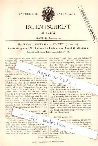 Original Patent - H. C. Andersen in Kolding , Dänemark , 1880 , Controlapparat für Kassen  !!!