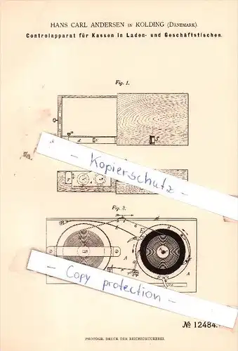 Original Patent - H. C. Andersen in Kolding , Dänemark , 1880 , Controlapparat für Kassen  !!!