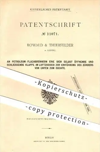 original Patent - Rowald & Thierfelder in Leipzig , Petroleum - Flachbrenner , Brenner , Lampe , Laterne , Licht !!!