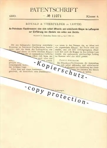 original Patent - Rowald & Thierfelder in Leipzig , Petroleum - Flachbrenner , Brenner , Lampe , Laterne , Licht !!!