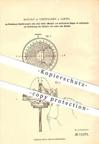 original Patent - Rowald & Thierfelder in Leipzig , Petroleum - Flachbrenner , Brenner , Lampe , Laterne , Licht !!!