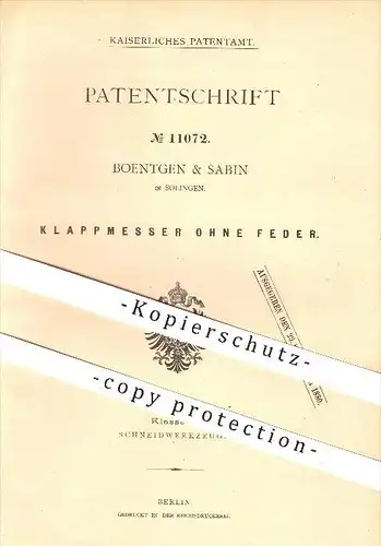 original Patent - Boentgen & Sabin in Solingen , 1880 , Klappmesser ohne Feder , Messer , Taschenmesser , Schneiden !!