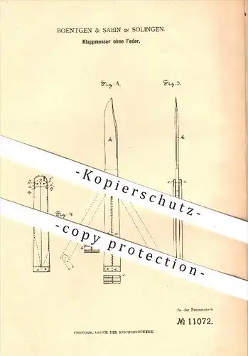 original Patent - Boentgen & Sabin in Solingen , 1880 , Klappmesser ohne Feder , Messer , Taschenmesser , Schneiden !!