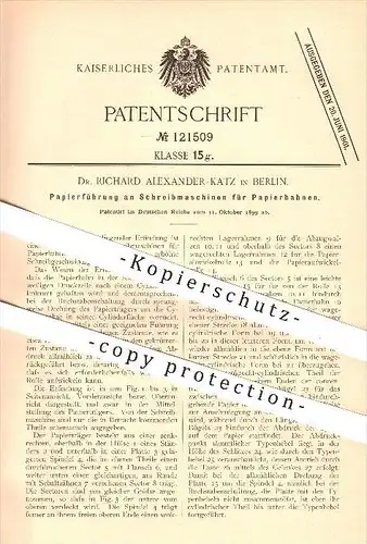 original Patent - Dr. Richard Alexander-Katz in Berlin , 1899 , Papierführung an Schreibmaschinen , Schreibmaschine !!!