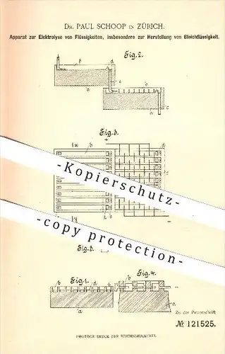 original Patent - Dr. Paul Schoop in Zürich , 1900 , Elektrolyse von Flüssigkeiten , Bleichflüssigkeit , Bleichen !!!