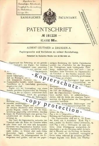 original Patent - Albert Leuthier in Dresden , 1904 , Herstellung von Papiergewebe , Papier , Papierfabrik !!!