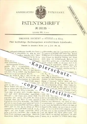 original Patent - Theodor Huckert in Steele a. d. Ruhr , 1881 , Läuteuhr , Uhr , Uhren , Uhrmacher , Geläut , Zeit !