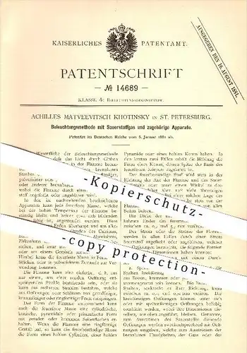 original Patent - Achilles Matveevitsch Khotinsky in St. Petersburg , 1881 , Beleuchtung mit Sauerstoffgas , Licht , Gas
