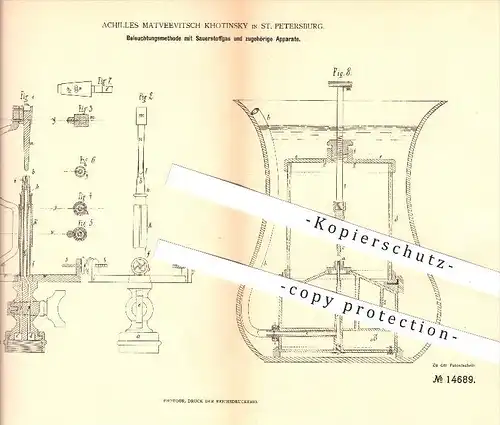 original Patent - Achilles Matveevitsch Khotinsky in St. Petersburg , 1881 , Beleuchtung mit Sauerstoffgas , Licht , Gas