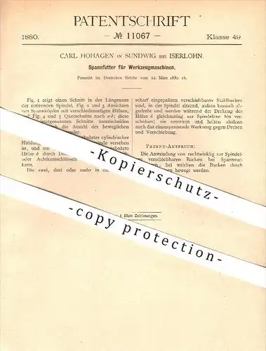 original Patent - Carl Hohagen in Sundwig bei Iserlohn , 1880 , Spannfutter für Werkzeugmaschinen , Werkzeug , Metall !!