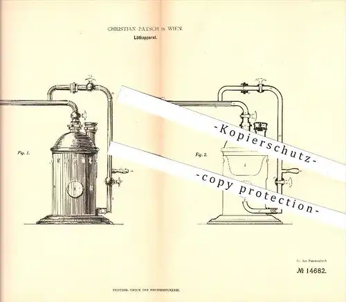 original Patent - Christian Patsch in Wien , 1880 , Lötapparat , Lötkolben , Löten , Metall , Metallbearbeitung !!!