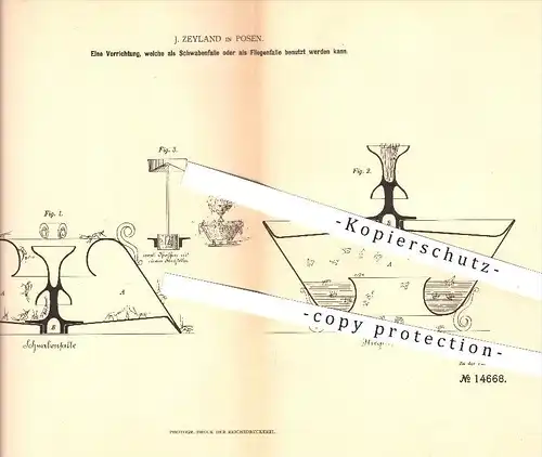 original Patent - J. Zeyland in Posen , 1880 , Schwabenfalle , Fliegenfalle , Fliegen , Insekten , Haushalt !!!