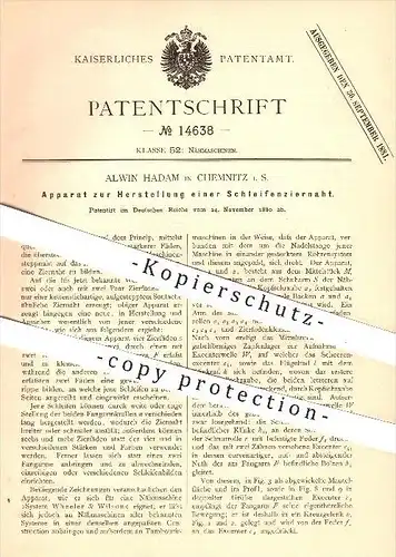 original Patent - Alwin Hadam , Chemnitz i. S. , 1880 , Schleifenziernaht mit Nähmaschinen , Nähmaschine , Nähen , Naht