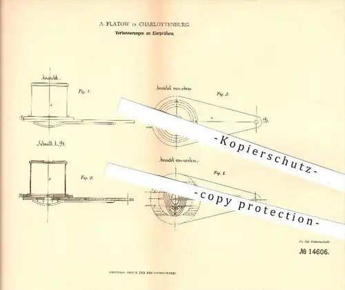 original Patent - A. Flatow in Charlottenburg , 1881 , Eierprüfer , Ei , Eier , Haushalt , Berlin , Hühnereier !!