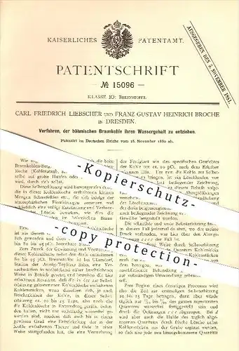 original Patent - Carl F. Liebscher , Franz G. H. Broche , Dresden , 1880, Wassergehalt von Braunkohle , Kohle , Bergbau