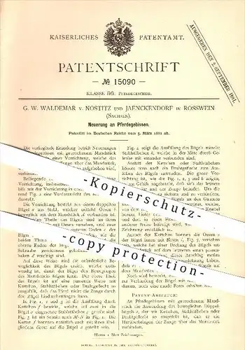 original Patent - G. W. Waldemar v. Nostitz & Jaenckendorf , Rosswein , 1881 , Pferdegebiss , Pferd , Pferde , Tiere !!!