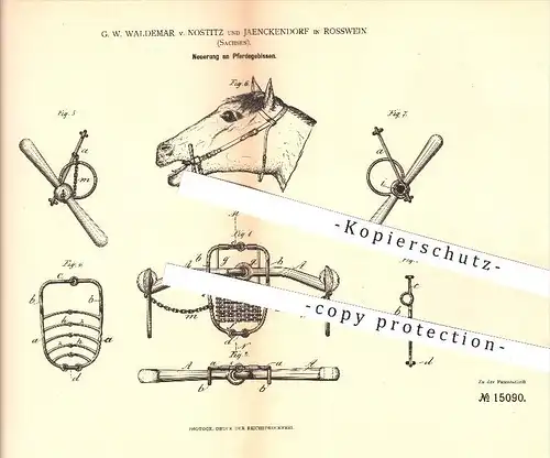 original Patent - G. W. Waldemar v. Nostitz & Jaenckendorf , Rosswein , 1881 , Pferdegebiss , Pferd , Pferde , Tiere !!!