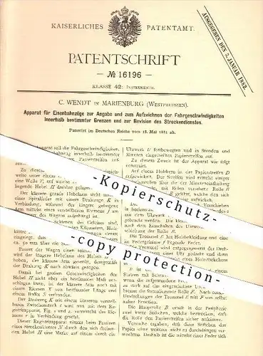 original Patent - C. Wendt in Marienburg , Westpreussen , Aufzeigen von Geschwindigkeit , Eisenbahn , Tacho , Tachometer