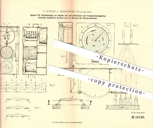 original Patent - C. Wendt in Marienburg , Westpreussen , Aufzeigen von Geschwindigkeit , Eisenbahn , Tacho , Tachometer