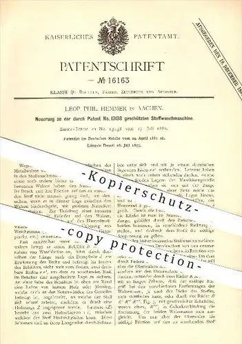 original Patent - Leop. Phil. Hemmer in Aachen , 1881 , Stoffwaschmaschine , Waschmaschine , Stoff , Waschen , Wäsche !!