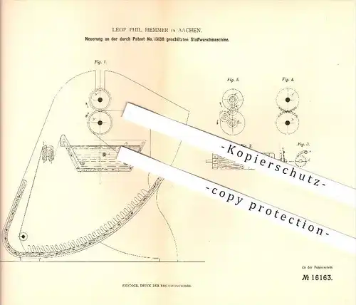 original Patent - Leop. Phil. Hemmer in Aachen , 1881 , Stoffwaschmaschine , Waschmaschine , Stoff , Waschen , Wäsche !!